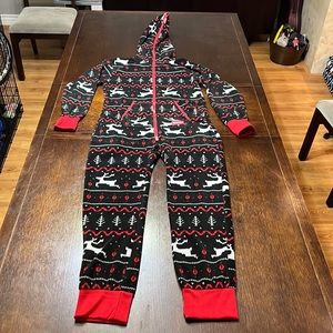 Tipsy Elves Holiday Christmas Reindeer Hood Onesie Pockets Jumpsuit Black Fleece